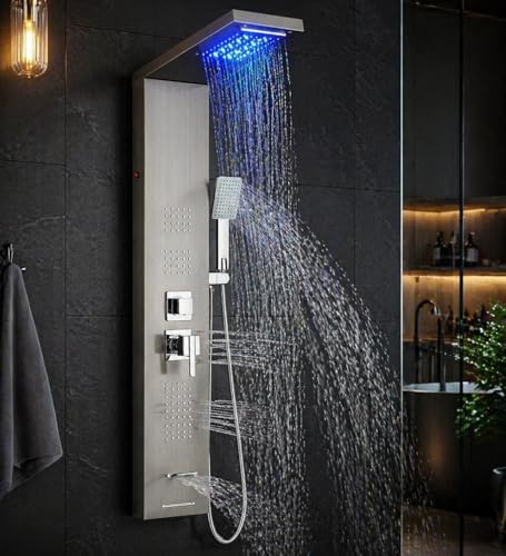 Panneau de douche LED en acier inoxydable avec robinetterie, 5 modes de sortie d'eau, cascade, 2 buses de massage corporel, bec de baignoire, douchette, kit de douche mural, brossé