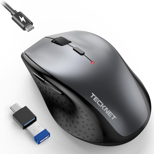 TECKNET PRO Wireless Mouse Jiggler, Rechargeable 6400 DPI Adjustable, Grey | 2.4G Ergonomic Silent Mouse, USB to USB C Adapter, Type-C Charging & Auto-Sleep, Compatible with Windows/Mac/Chrome OS
