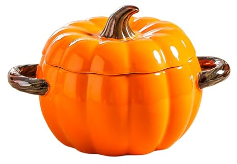 Olla de cerámica antiadherente con tapa, compatible con microondas y lavavajillas, con asa, para postre o sopa, decoración para Acción de Gracias, Halloween, fiesta de calabaza (naranja)