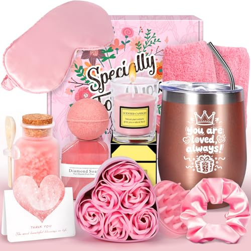Purpledi Geschenkset Damen Geburtstag 360ml Isolierbecher | Enthält: 360ml Isolierbecher, Duftkerze Rose, Badesalz, Seifenblumen; Geschenkidee Weihnachten, Valentinstag, Muttertag