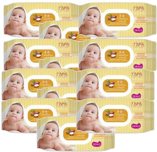 12 X Dea-lo Salviettine Baby all’Olio di Argan Confezione da 72 pezzi delicate salviette detergenti studiate per la cura quotidiana della pelle dei più piccoli