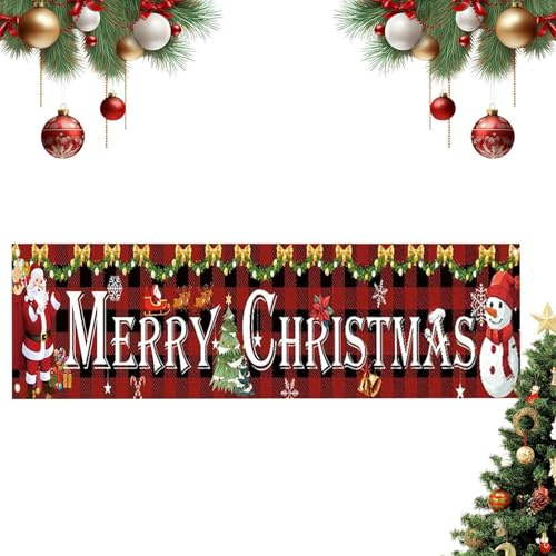 Cartel de Feliz Navidad - Bandera De Papá Noel A Cuadros Rojos,Fondo Grande Rojo de Feliz Navidad - para Interior Exterior Patio Jardín Porche Garaje Puerta Principal Casa Oficina