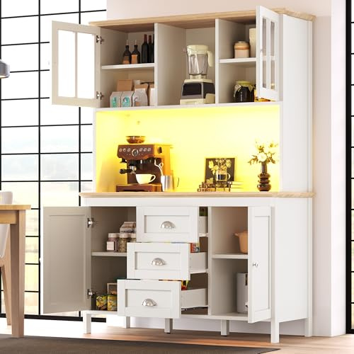 Ktipm Armario de Cocina con Iluminación LED y Puerta de Vidrio, Aparador Cocina con 3 Cajones y Estante Ajustable, Mueble Auxiliar de Cocina Aparadores con Dispositivo Antivuelco, 120x40x179 cm,Blanco