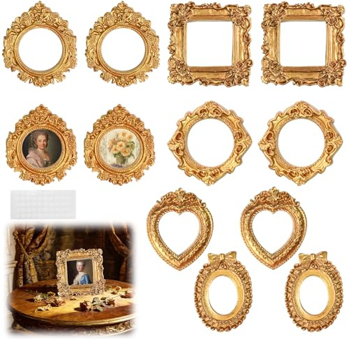 RoyalChic 12 Stück Mini Bilderrahmen Vintage Gold Barockstil Kunstharz | Kleine Fotorahmen für Deko Wohnkultur Hochzeit Tisch Wanddeko Antik Retro Familie schöne Dekoration