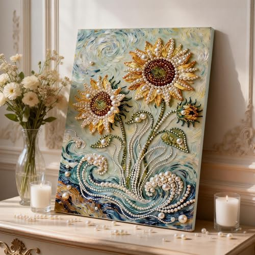 Yarteim 5D Pearl Painting Kit mit Rahmen für Erwachsene, DIY Perlen Schloss, Sonnenblume und Rosen Diamant Painting Bilder Anfänger, Perlen Malerei Kunst Set Geschenke für Home Wand Decor