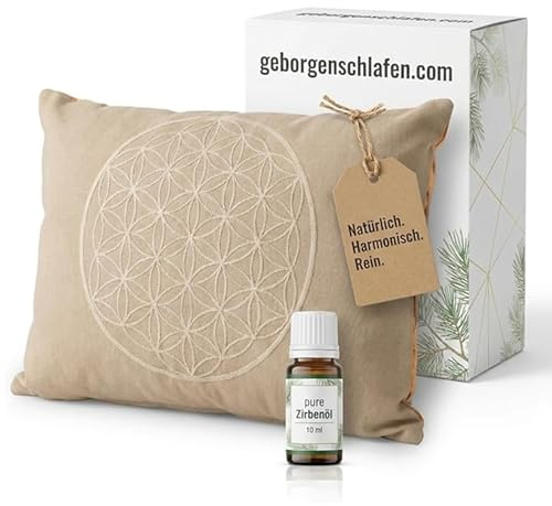 Geborgenschlafen Zirbenkissen 25x18 cm – Dekokissen Blume des Lebens Design und 10 ml Zirbenöl | Bio Zirbenkissen mit Zirbenspänen & Bezug aus Bio Baumwolle | Natürliches Raumduftsatz aus Pinus Cembra