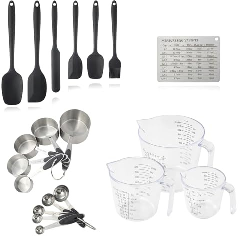 20 Utensilios de Cocina, 5 Cucharas Medidoras y 5 Tazas Medidoras de Acero Inoxidable, 3 Vasos medidores, 6 Espatulas de Silicona, 1 Tabla De Conversion de Medidas, Kit para Reposteria, Cocina.