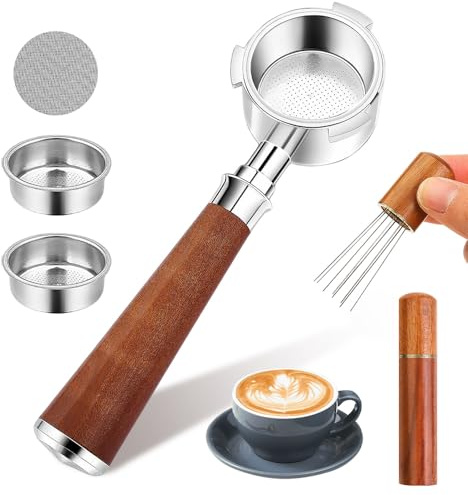 SKJJM 51mm Bottomless Portafilter 3 Ears, Professional Espresso Portafilter with 2 Filter Baskets, WDT Tool, Puck Screen,Metal Base, Solid Wood Handle for De-longhi Dedica EC680 EC685 EC785 EC820