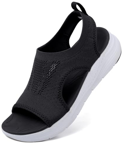 Mokayu Sandales de Sport pour Femme Orthopédiques avec Arch Support Légères Sandales Été Bout Ouvert Compensées Plate Forme Antidérapantes Noir Blanc EU39