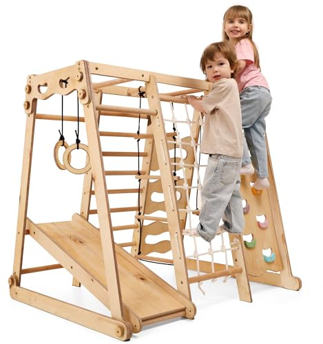 Goodevas Montessori - Struttura da arrampicata 9 in 1, per interni, per bambini, con scivolo, altalena, parete da arrampicata, triangolo da arrampicata, parco giochi per la cameretta dei bambini