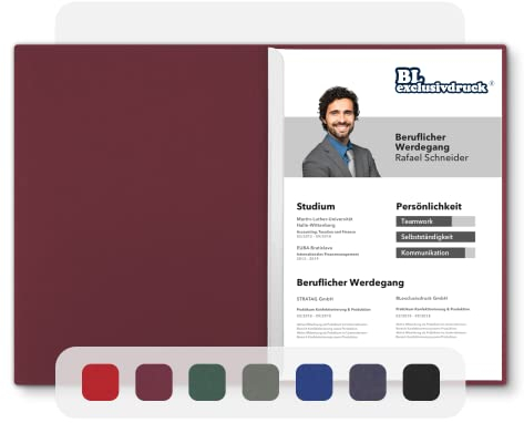 5 Stück zweiteilige Bewerbungsmappen BL-exclusivdruck® BL in Bordeaux - Premium-Qualität mit edler Relief-Prägung 'Bewerbung' - Produkt-Design von 'Mario Lemani'