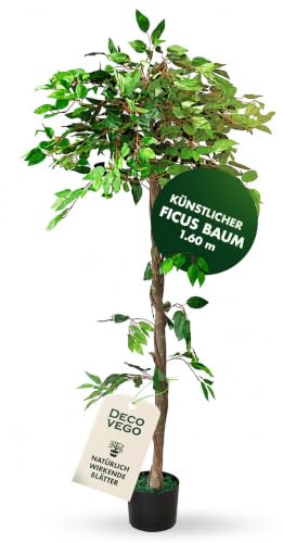 Decovego Künstlicher Ficus Benjamin, Kunstpflanze, 160 cm Kunstbaum | pflegeleicht, mit Echtholzstamm, immergrün, Innendekoration für Wohn- und Büroräume