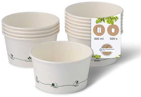 BIZOYG ecológico universal cartón desechable cuencos helado, postre, Fingerfood, Snacks 500x tazones comida blancos con icono impreso 300 ml/12 oz I tazas redondas desechables compostables