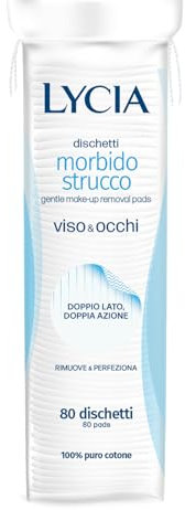 Lycia, Dischetti Struccanti Viso e Occhi, Tessuto Morbido in 100% Puro Cotone, Doppia Azione con Trame Diverse per Rimuovere il Trucco e Perfezionare la Detersione, Confezione 80 Dischetti