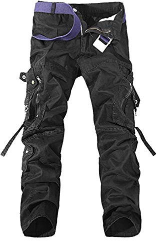 Kuson Hommes Pantalons 100% Coton Cargo Sport Multi-Poches Epais Outdoor Lâche sans Ceinture Noir FR 46