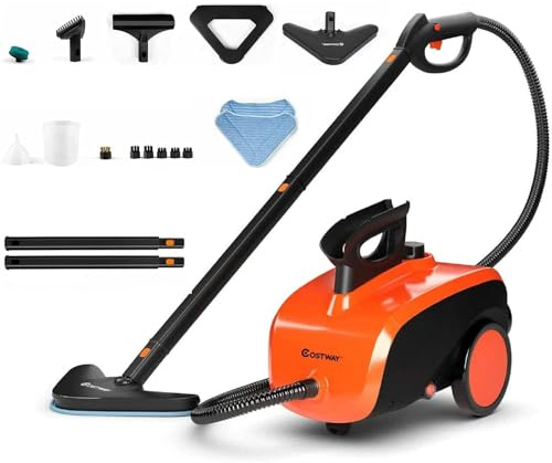 COSTWAY Multipurpose Steam Cleaner with 19 Accessories, Heavy Duty Household Steamer Chemical-Free Cleaning, 1.5L Dual-Tank Rolling Cleaning Machine for Carpet, Floor, Window and Car, Orange+Black