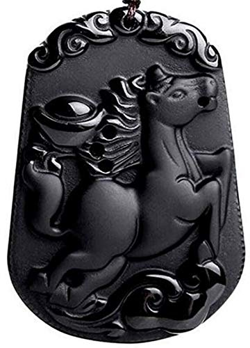 Natural obsidian bead Chinese zodiac Amulet zodiaca animals necklace with adjustable bead chain (horse)