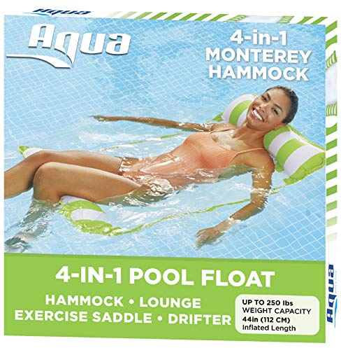 AQUA 4-in-1 Monterey Hammock Inflatable Pool Float, Multi-Purpose Pool Hammock (Saddle, Lounge Chair, Hammock, Drifter) Pool Chair, Portable Water Hammock, Lime Green/White Stripe