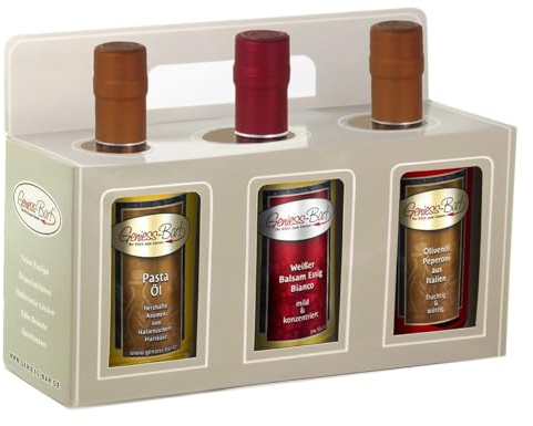 Essig & Öl Geschenkbox 3x 0,35L in premium Qualität Pastaöl/Balsamessig Bianco/Peperoni Olivenöl extra vergine kaltgepresst