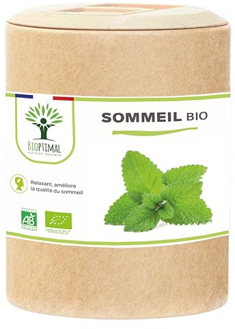 Sommeil Bio - Bioptimal - Complément alimentaire - Mélatonine Naturelle - 4 Plantes pour Dormir - Insomnie Stress Nuit Agitée - 230 mg/gélule - Fabriqué en France - Certifié Ecocert - 200 gélules