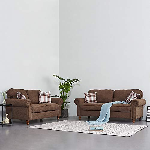 Panana 2 Seater and 3 Seater Sofa Couch Settee Fabric Sofa Living Room Sofa with Retro Design Leg and 2 Free Cushions (Brown, 2 Seater + 3 Seater)