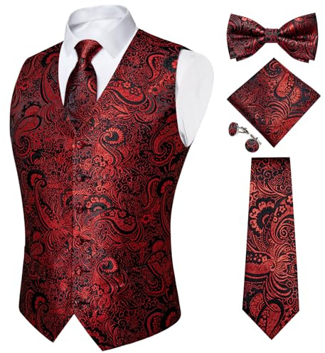 DiBanGu Anzugweste für Herren, 5 Stück Hochzeit Paisley Weste Krawatte und Fliege Einstecktuch Manschettenknöpfe S-3XL, Rot, schwarz, XXX-Large
