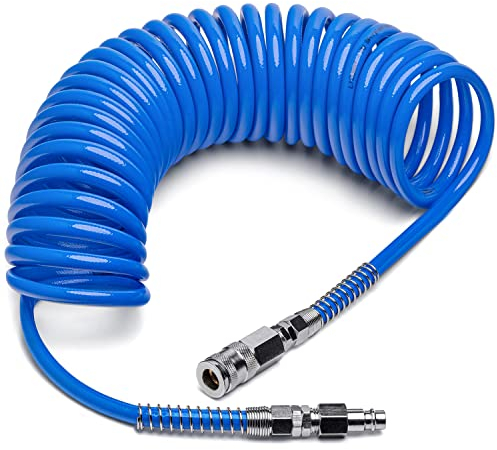 LICURAT Druckluftschlauch - 8 Meter - Gewebeverstärkter Gewebeverstärkter PU Druckluft Spiralschlauch - Innenø: 6,5mm; Außenø:10mm - Kompressorschlauch mit deutschen DN 7,2 Luftdruckschlauch Anschluss