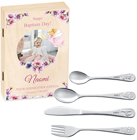 Maverton Kids Silverware in a Wooden Box – Personalised Animals, Magic | Cutlery Set – Stainless Steel Engraved Utensil Set – for Girls