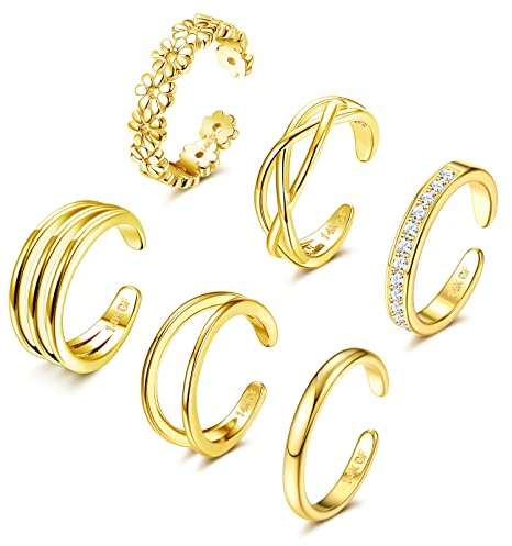 Adramata 6 Stück 14 Karat Gold Gefüllte Blumenherz-Zehenringe für Damen Sommer-Strand-Fußschmuck
