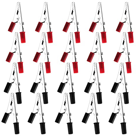 VooGenzek 20 Pièces Pince Crocodile, Pinces Crocodiles en Métal Plaqué, pour Tests Électriques de Laboratoire, avec une Poignée en Matière Plastique (Noir/Rouge)