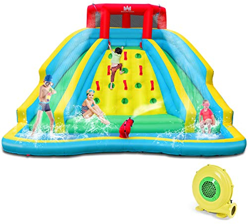 COSTWAY Castello Gonfiabile per Bambini, Parco Acquatico Gonfiabile con 2 Scivoli, Piscina, Parete di Arrampicata, Cannone, Borsa di Trasporto e Kit di Riparazione, 452x365x233 cm (Con Soffiatore)