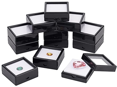 BENECREAT 12PCS Black Gemstone Display Box, Square Acrylic Diamond Jewellery Tray Box Container with Clear Lids and Sponge for Gems, Stone, Pendants, Crystal