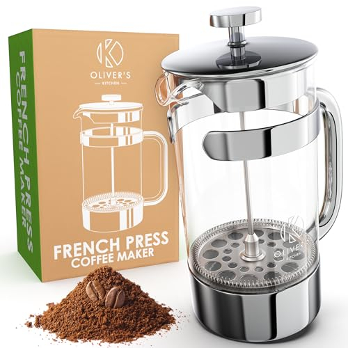 Oliver's Kitchen French Press Caffettiera a Stantuffo Progettata in Esclusiva per Chi Ama il Caffè -Caffettiera Francese in Vetro Temperato (Argento, 1 Litre)