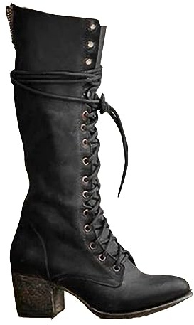 Mittelalterliche Cosplay Stiefel - PU Leder High-Heeled Schnürsenkel Schuhe - Mid-Calf Knie Länge Festival LARP Schuhe für Cosplay, Schwarz, 39