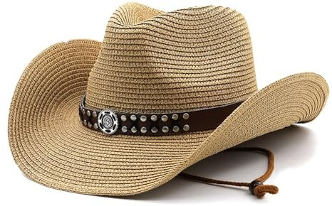Western-Cowboyhut aus Naturpapier, breite Krempe, für Damen und Herren, Sommer, Strand, Strohhut, Panama, Cowgirl, Jazz, khaki, 6 7/8-7 1/8