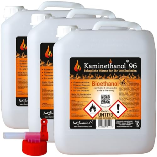 30 L Bioethanol 96,6% Ethanol 30 Liter Bio Alkohol 10 L Kanister Kamin + Hahn
