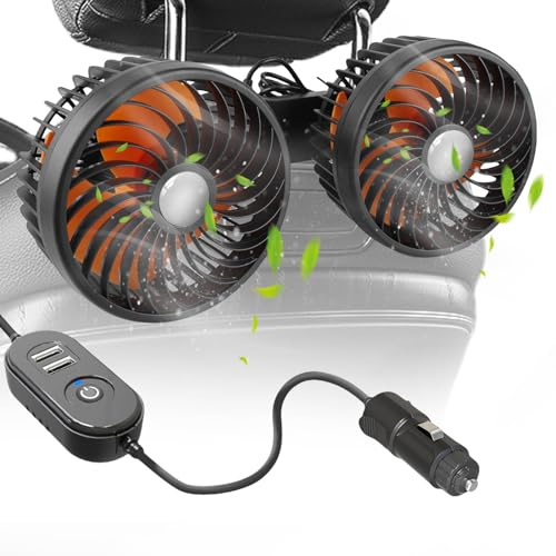 12V/24V Doppelkopf-Clip-Ventilator für Rücksitz und Auto - Verstellbarer Kfz Lüfter mit Geschwindigkeiten für SUV, RV