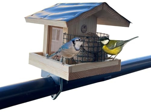 STAFECO Vogelfutterhaus Vogelhaus für Balkon Vogelfutterspender wetterfest Futterhaus Handarbeit Gartenvögel im Garten Balkonhalterung mit Einer Größe von 30 bis 60 mm. (Natural)