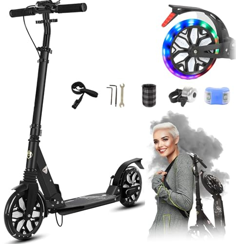 GHBXJX Big Wheel Scooter City Roller Kickscooter für Erwachsene klappbar LED 200mm,150KG Cityroller mit Handbremse, Tretroller Kinder Mädchen Jungen Teenager, Kickscooter Kinder Scooter,Schwarz