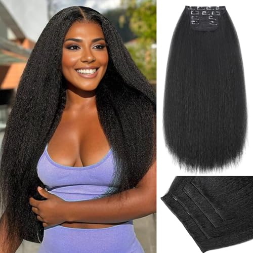WIGNEE Kinky Straight Clip In Hair Extensions Für Mehr Volumen 4 Stück | 56 cm natürliche schwarze Kinky Straight Clip-In, hitzebeständig, nahtlos, volles Volumen für Alltag