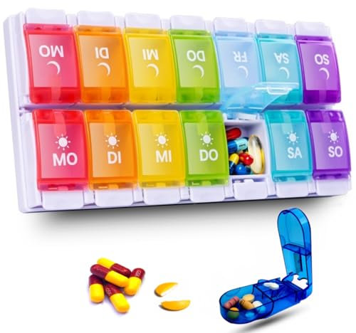 ECOWAHL Tablettenbox 7 Tage Morgens Abends, Medikamentenbox 7 Tage mit Tablettenteiler, Tabletten Wochenbox, pillendose 7 tage 2 fächer für Unterwegs