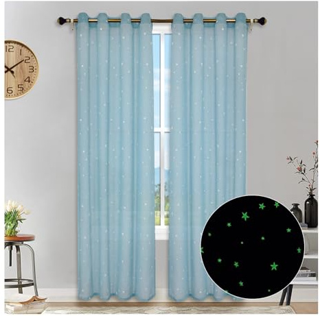 HonunGron Lot de 2 Étoiles Rideau Fluorescents Semi-Transparents, Rideaux Occultants à Oeillets, Les Étoiles Rideaux en Tulle pour Décoration Chambre d'enfant (Bleu,2X H 160 X B 132cm)