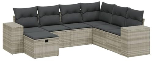 vidaXL Garten Sofagarnitur mit Kissen 7-TLG., Gartenmöbel Gartengarnitur, Sitzgruppe Sitzgarnitur, Lounge Sofa Garnitur Terrasse, Hellgrau Poly Rattan