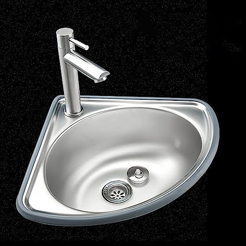 Combo de fregadero y grifo triangular de acero inoxidable – Lavabo de baño de esquina pequeño con desagüe, mini lavabo colgante de pared – Diseño de ahorro de espacio