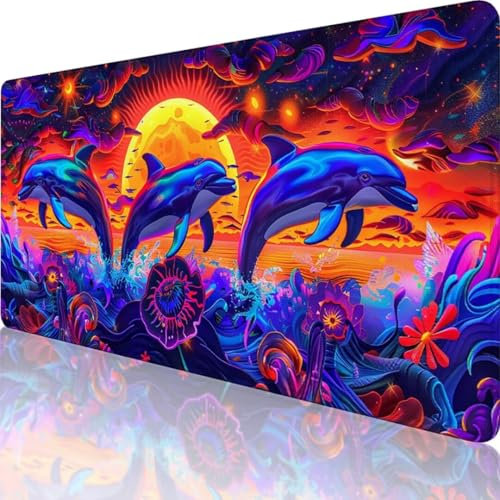 Farbe Mauspad XXL 600x300 mm, Erweiterte Groß Mousepad Delphin, Wasserfest Schreibtischunterlage Vernähte Kanten Design, Mouse Pad mit Rutschfeste Gummibasis für Pc Büro Deko, Geschenke für männer 2-3