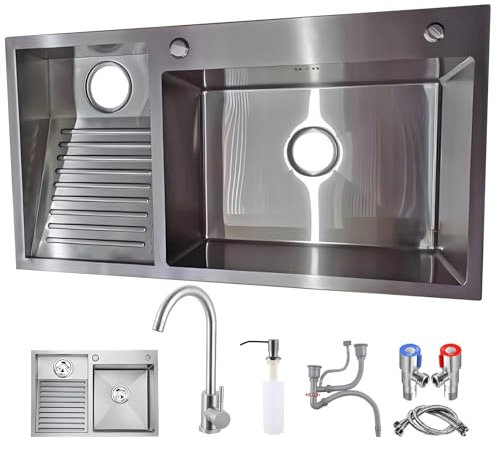 DSMRLEOP Waschbecken - Edelstahl SUS 304 mit Wasserhahn 90x48cm Waschplatte, rechteckiges Doppelwaschbecken mit großem Fassungsvermögen für Badezimmer, Küche, Hauswirtschaftsraum und Balko