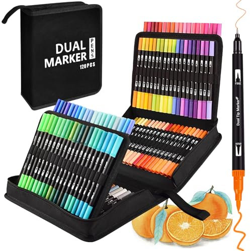 Vakki Dual Brush Pen Set, 120 Farben Filzstifte Filzstifte Dicke und DüNne Mit Schwarzer Tragetasche, Stifte Set für Bullet Journal, Mandala, Manga, MalbüCher, Handlettering für Kinder und Erwachsene