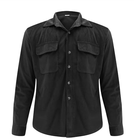 Camisa de hombre de manga larga de pana para hombre, cuello reversible, camisa de pana con bolsillo en el pecho y tira de botones, corte regular, camisas de manga larga con botones, Negro , XL