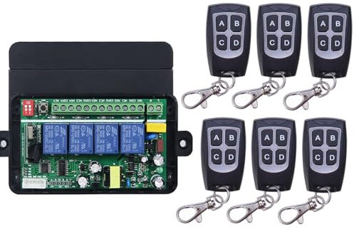 AC 220V-240V 4 Canales Inalámbrico RF Mando a distancia Interruptor de luz 10 A Salida de relé Módulo receptor inalámbrico Control de interruptor Puerta de garaje NO COM NC 50M transmisor + 6 unidades