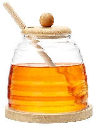 Porta Miele Vetro con dosatore dosatore miele vasetti miele bomboniere Vasetto per miele in legno con coperchio Contenitore di vetro sigillato Vasetto per miele a bocca larga 500ml